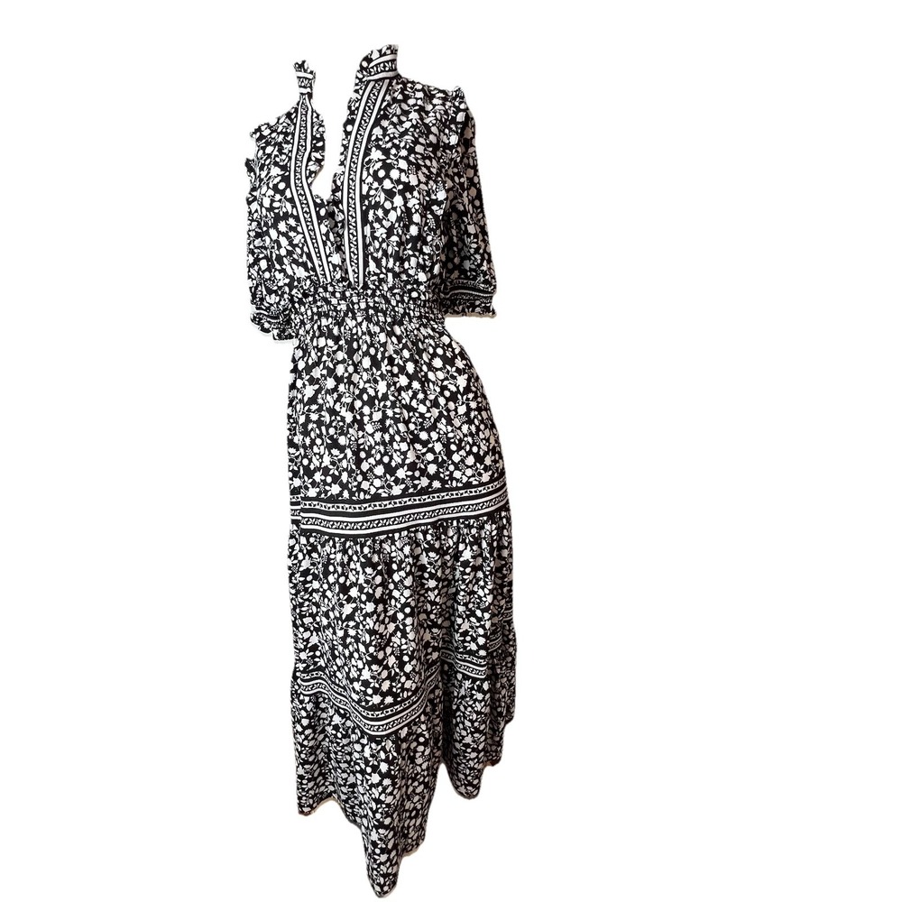 Max Studio Tiered Maxi Dress Ruffle Collar Floral AOP Black White Boho Size M